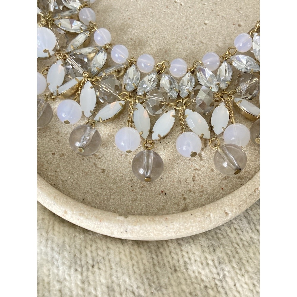 Gold Tone Statement Bib Necklace Rhinestone White Faux Opal Bead Dangle Collar - Picture 5 of 8